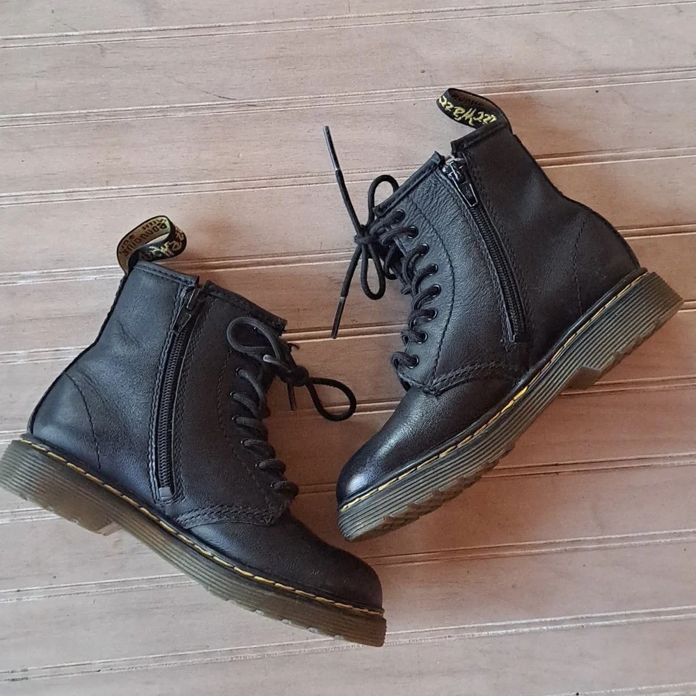 Dr. Martens 1460 T Blk Leather Lace-Up Side Zip Combat Boots Toddler Classic - Picture 2 of 10
